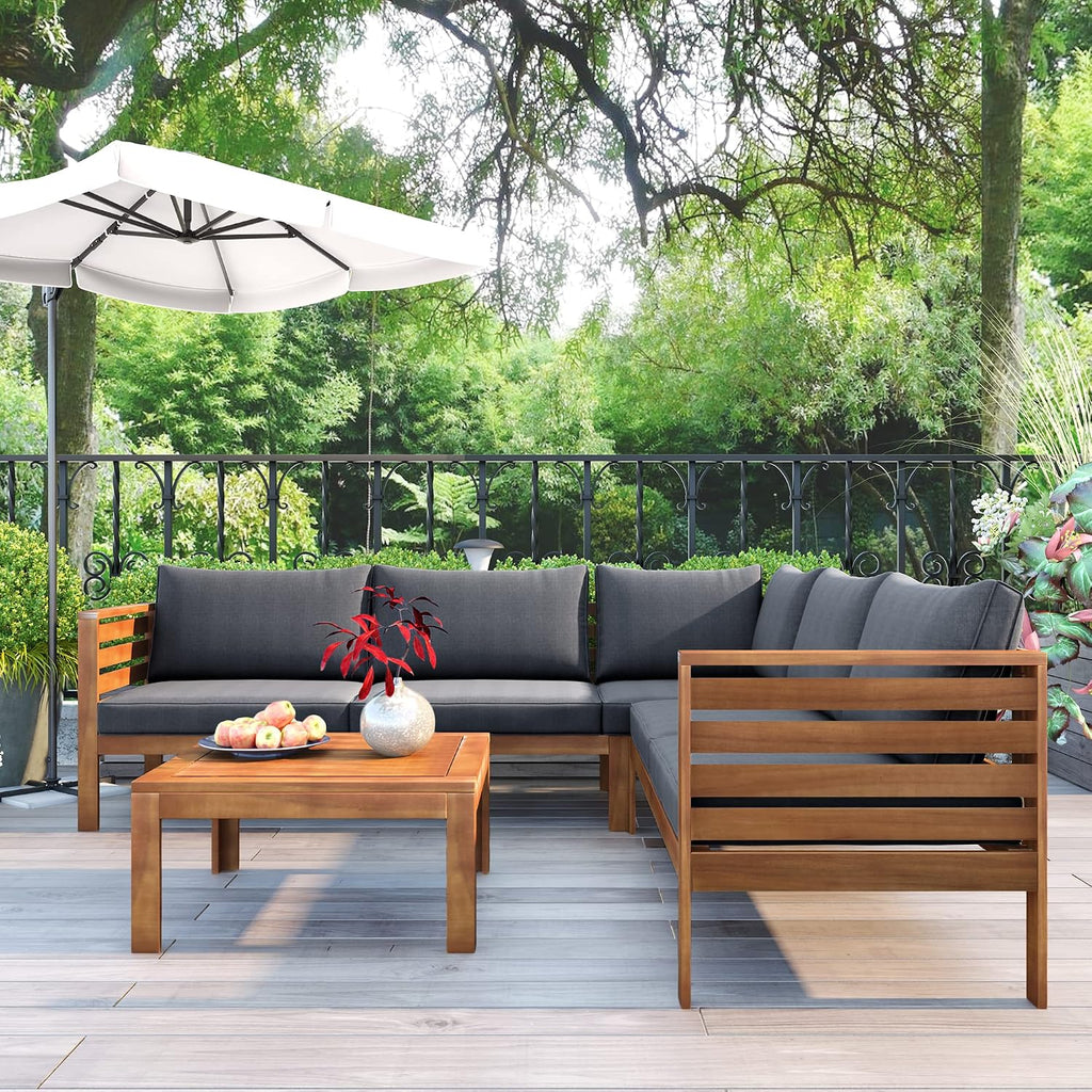 4 Piece Outdoor Patio Furniture Set, Acacia Wood Sectional Sofa wSeat Cushions, Patio Sectional Conversation Seat with Couches and Coffee Table