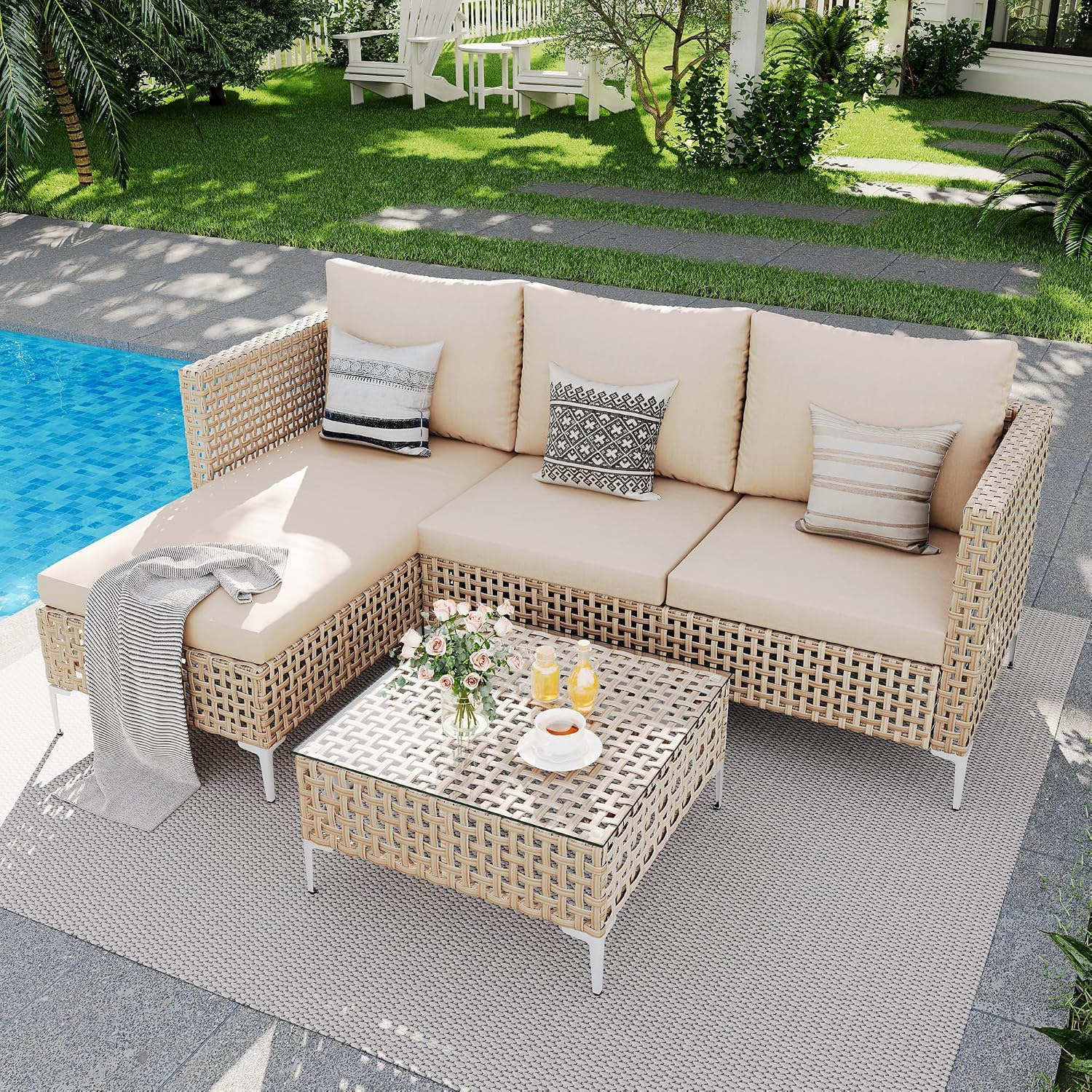 Patio Furniture Set, Small Outdoor Couch with Glass Coffee Table&Thick Cushion, Wicker L-Shaped Patio Couch, All-Weather PE Rattan Conversation Set for Garden, Poolside(3pcs Yellow&Beige)