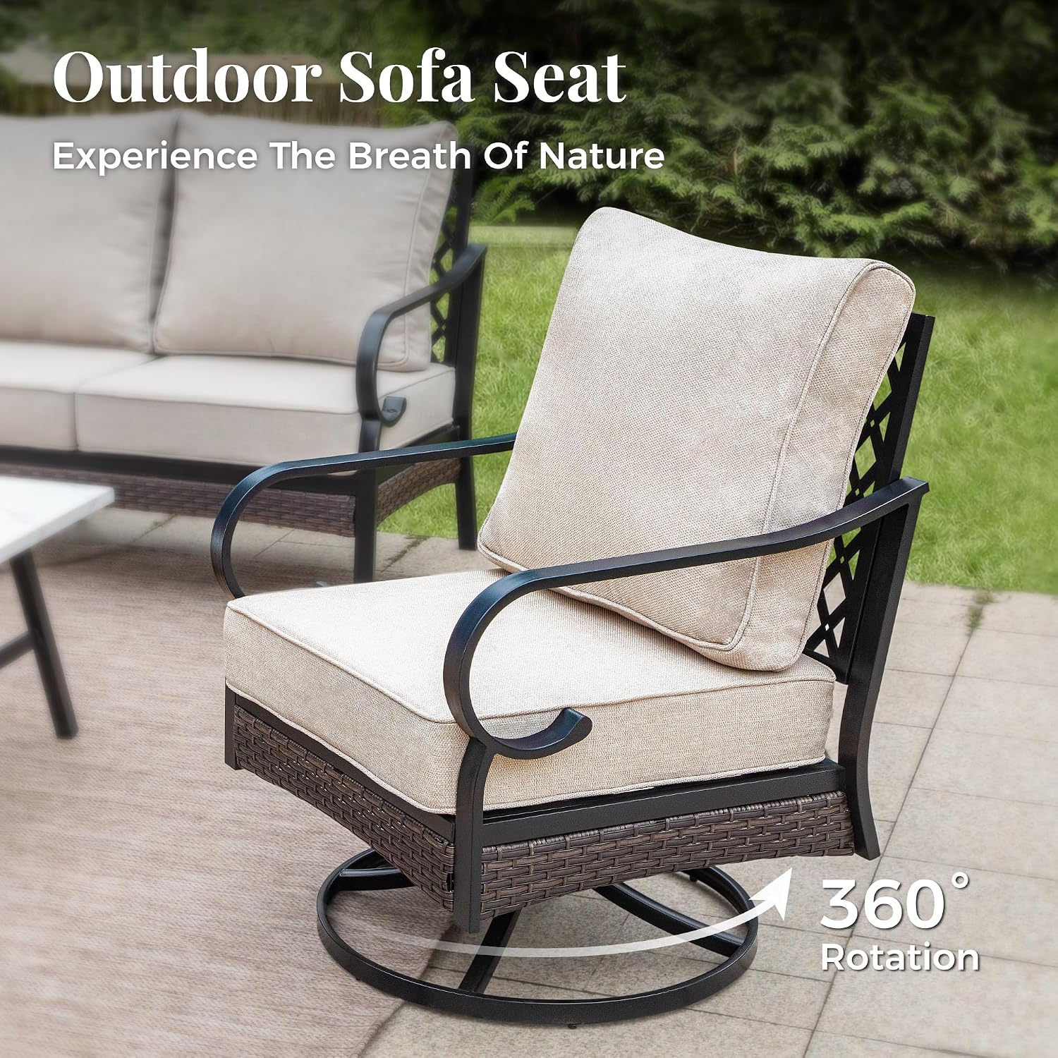 MIXPATIO Patio Furniture Set with Fire Pit Table, Metal Outdoor Conversation Set with 5.75'' Extra Thick Cushion, 2 Swivel Chairs, 2 Leg Chairs, 3-Seat Sofa and Gas Fire Pit Table, Beige