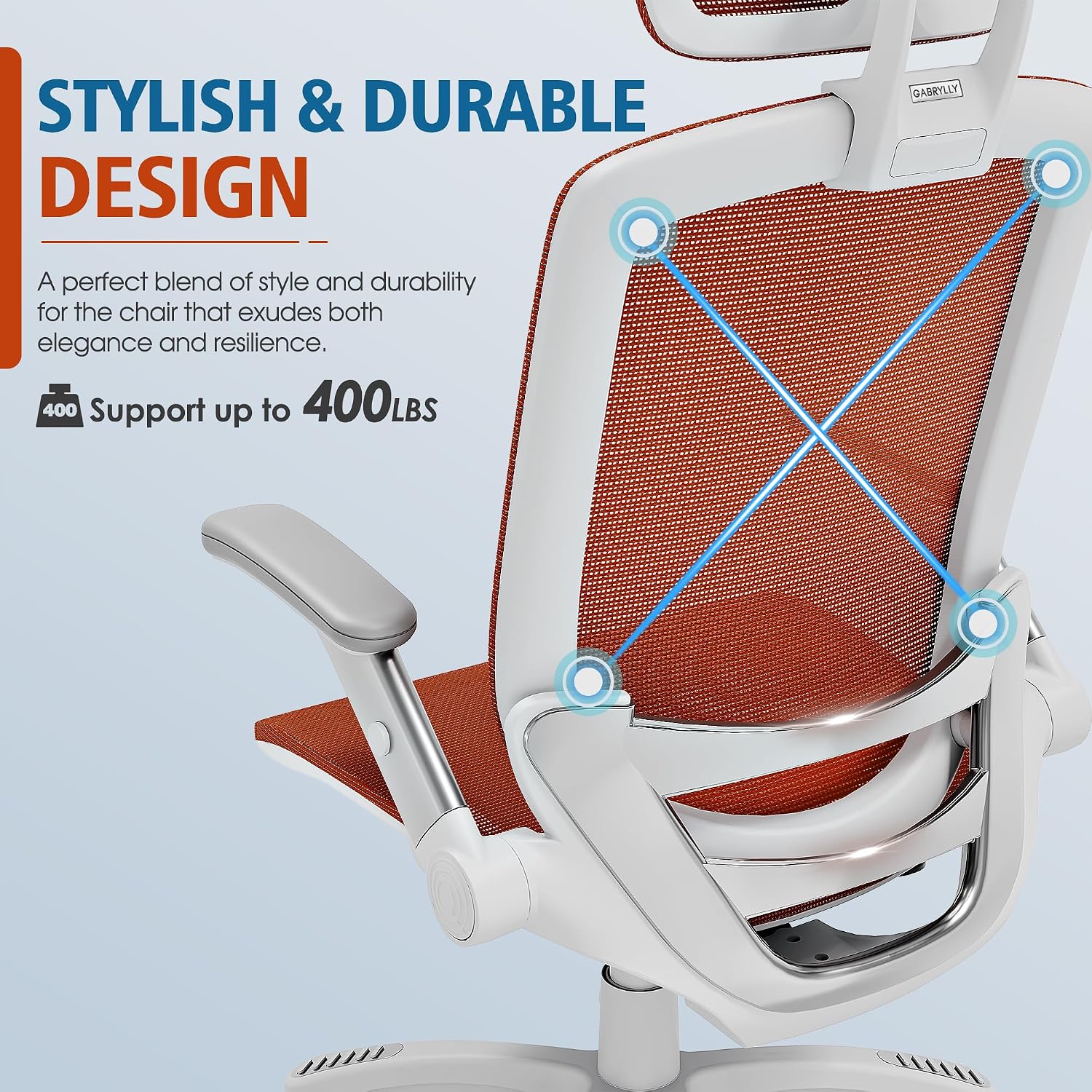 GABRYLLY Ergonomic Office Chair, High Back Home Desk Chair with Headrest, Flip-Up Arms, 90-120° Tilt Lock and Wide Cushion, 400LBS Mesh Chairs for Man Woman, White Task Chair(Orange,GY01WOR)