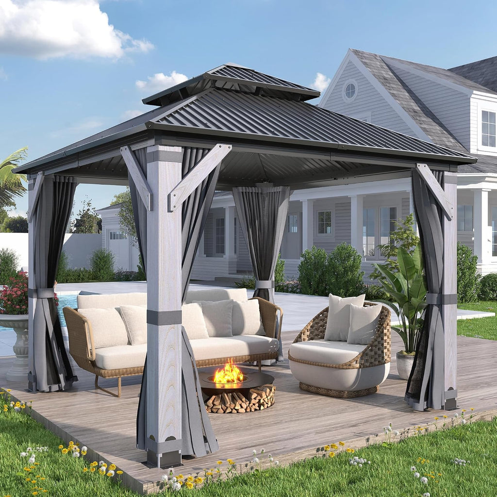 COVERONICS 8.5'x8.5' Outdoor Wood Gazebo - Hardtop Wooden Gazebo with Galvanized Steel Roof, Heavy-Duty Pavilion with Netting & Curtains for Garden, Poolside, Deck, Backyard