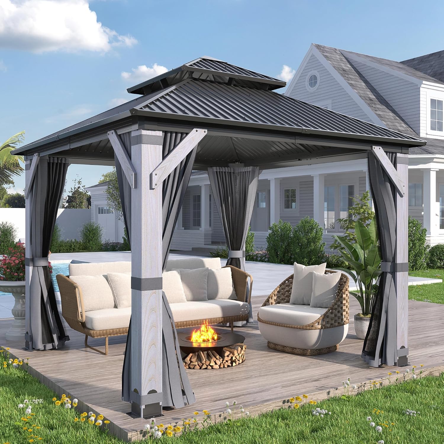 COVERONICS 8.5'x8.5' Outdoor Wood Gazebo - Hardtop Wooden Gazebo with Galvanized Steel Roof, Heavy-Duty Pavilion with Netting & Curtains for Garden, Poolside, Deck, Backyard