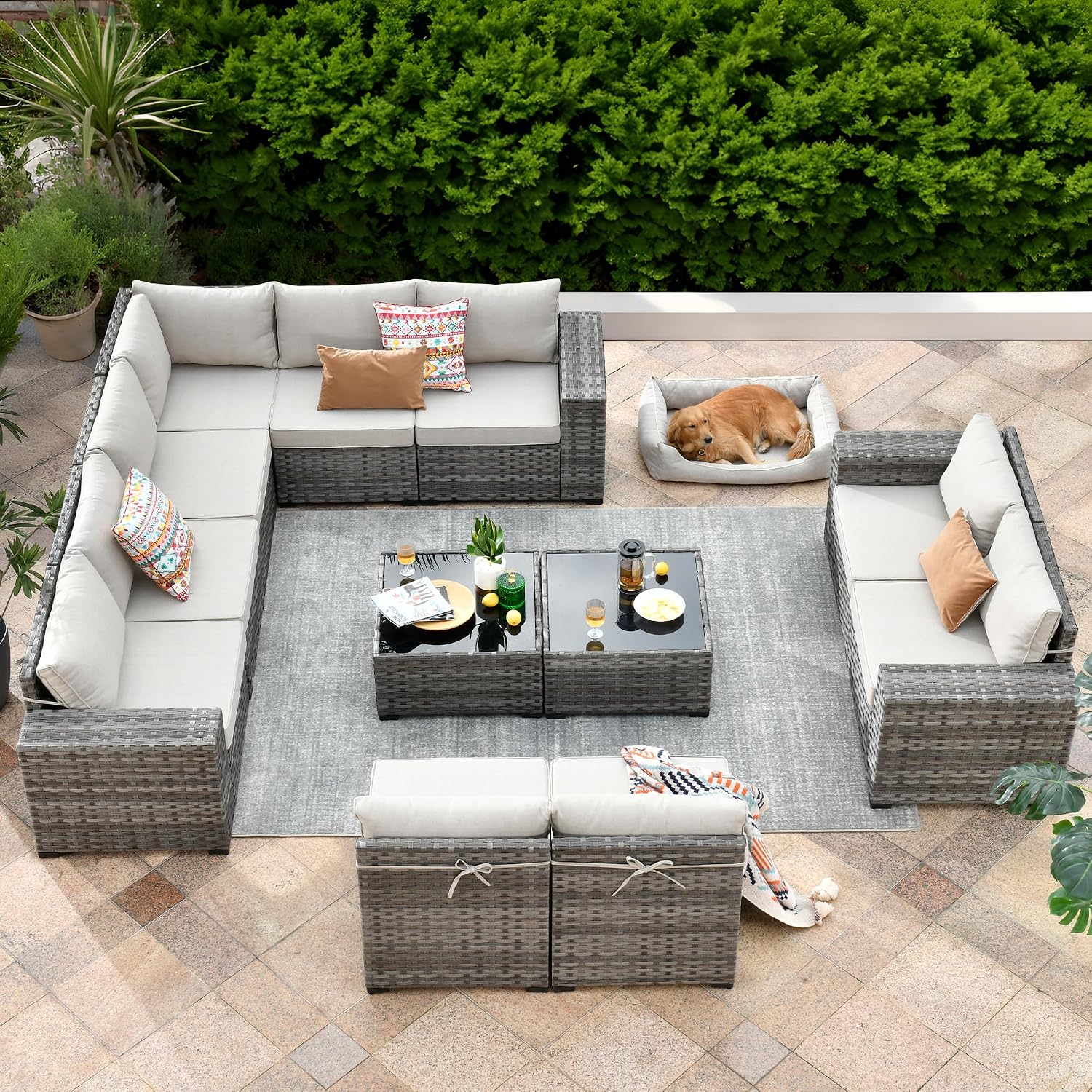 ovios 12 Pieces Patio Furniture Set, Outdoor Wicker Sectional Sofa with Coffee Table Comfy Cushions, Modern Modular Deep Seat Couch Rattan Conversation Set, Beige