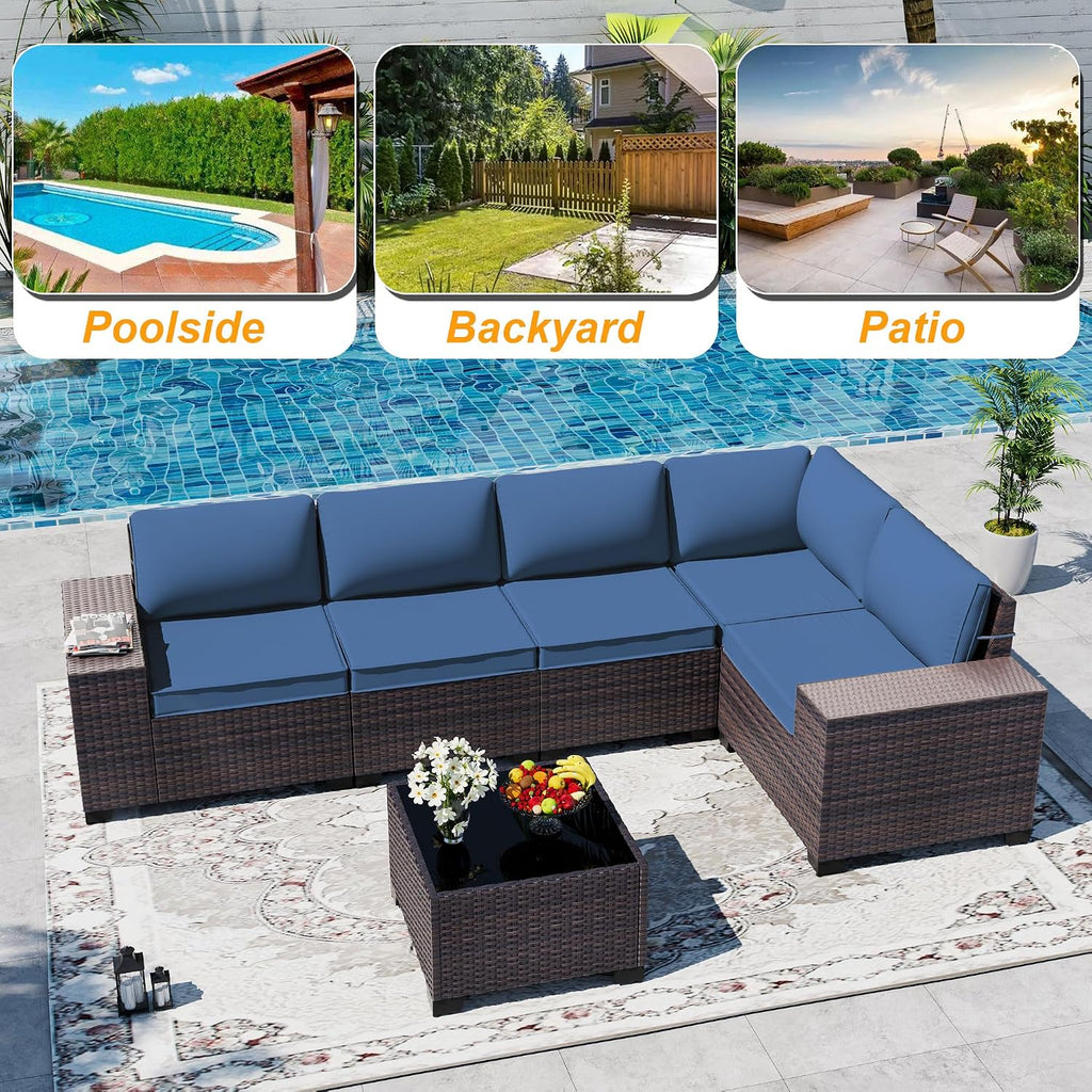 Outdoor Patio Furniture Set, 6 Pieces Outdoor Sectional Furniture High Backrest Patio Sofa, All-Weather PE Rattan Patio Conversation Set with Coffee Table & Cushions(Dark Blue).