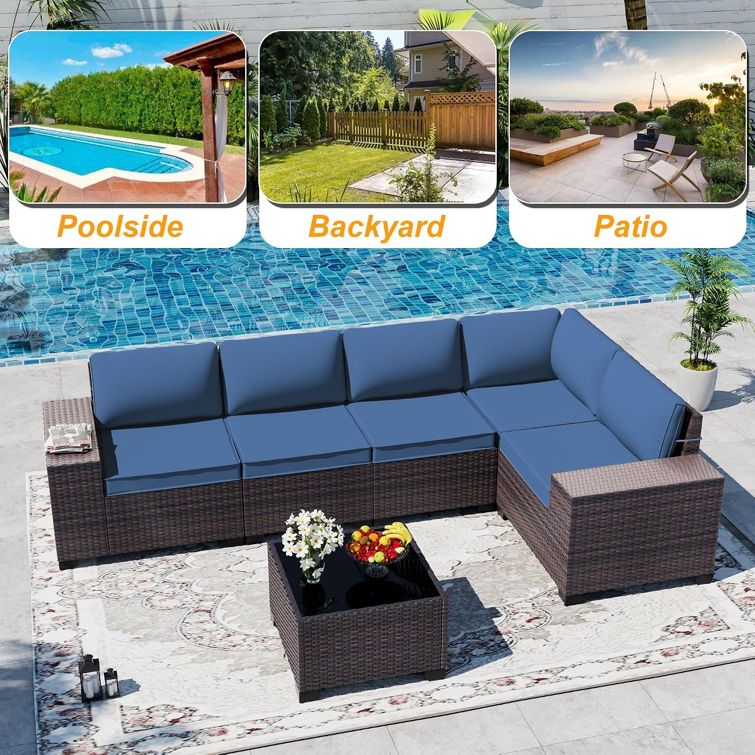 Outdoor Patio Furniture Set, 6 Pieces Outdoor Sectional Furniture High Backrest Patio Sofa, All-Weather PE Rattan Patio Conversation Set with Coffee Table & Cushions(Dark Blue).
