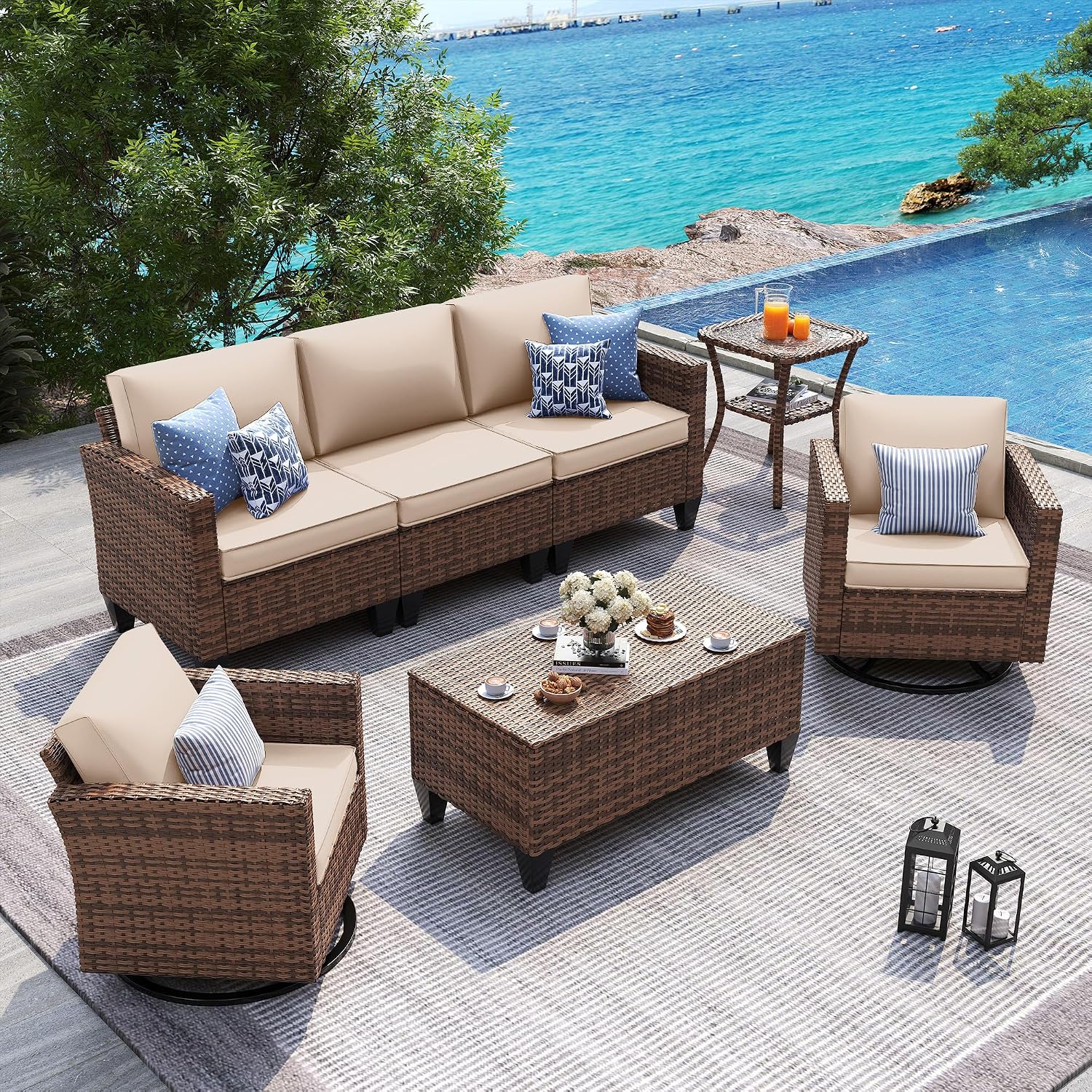 UDPATIO Patio Furniture Set, 5 Pieces Outdoor Conversation Sets with Rocking Swivel Chairs, Wicker Rattan Outdoor Sofa Set with Storage Table and Waterproof Covers for Backyard, Deck, Porch, Khaki