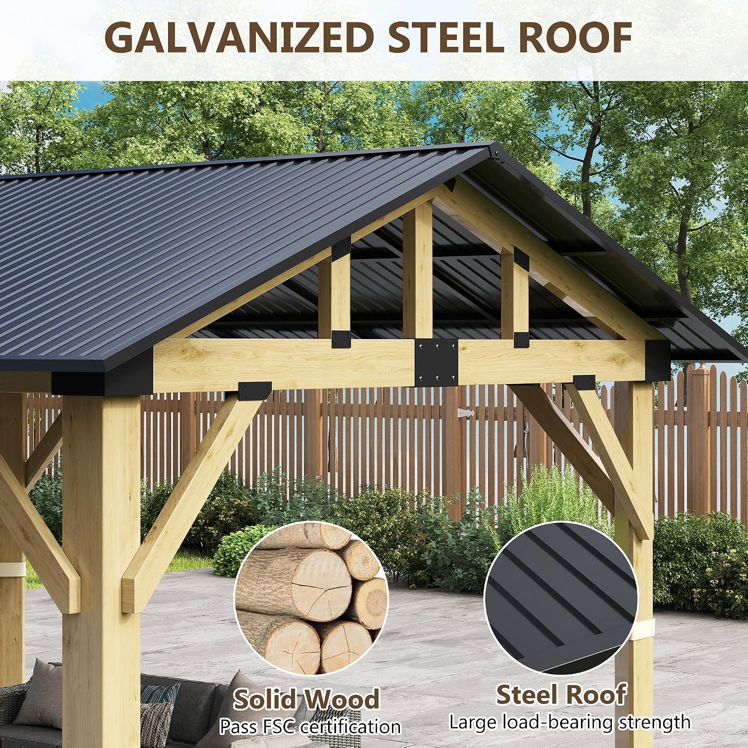 11'x13' Wood Gazebo, Outdoor Hardtop Gazebo, Cedar Frame Wooden Gazebos with Waterproof Steel Roof, Fit Patio, Backyard, Garden, Lawns, Porch