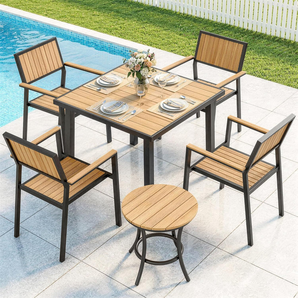 Pamapic 6-Piece Patio Dining Set，Outdoor Aluminum Furniture Set with Plastic-Wood Table Top,Outdoor Furniture Set with 4 Outdoor Stackable Chairs for Patio Garden Poolside (Teak)