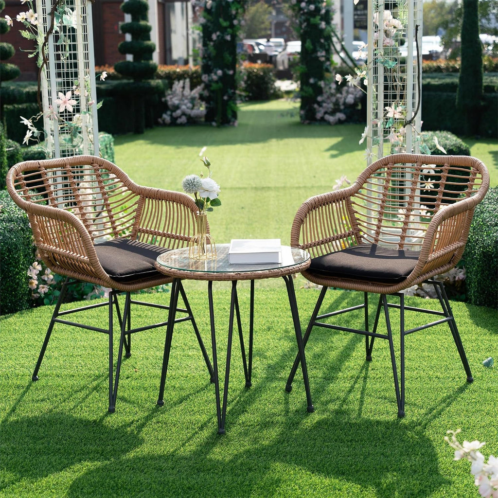 3 Piece Outdoor Wicker Furniture Bistro Set, Rattan Chairs Conversation Sets Wicker Patio Furniture for Balcony Poolside Backyard, Black