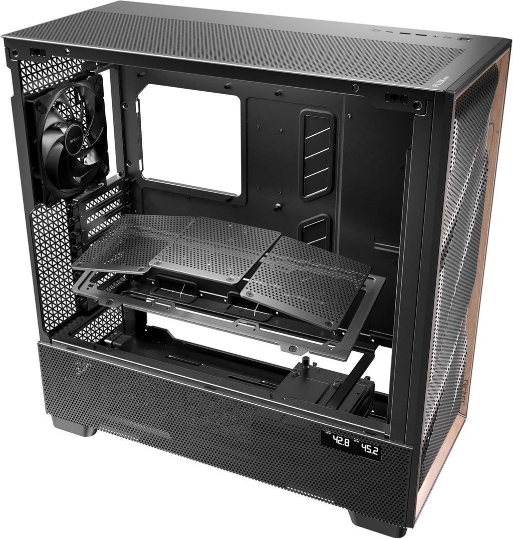 Antec Flux Pro, 6 x PWM Fans Included, High-Airflow Front Panel with Walnut Wood, iShift PSU 90° Mount, USB3.0 x 2, Type-C, 420mm Radiator Support, Temp. Display, Full-Tower E-ATX PC Case