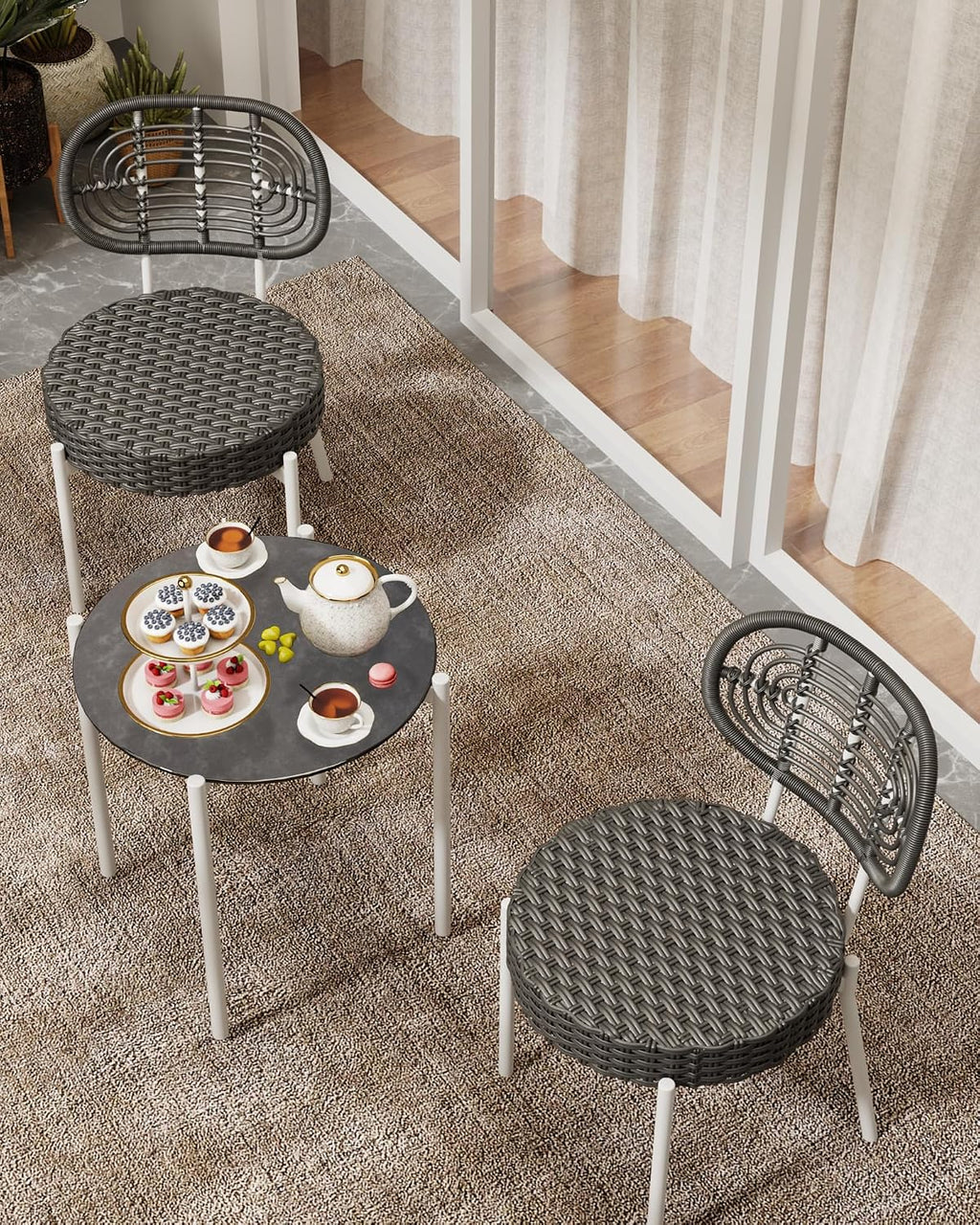 3 Piece Wicker Patio Bistro Furniture Set, Outdoor Dining Chairs, Includes 2 Rattan Chairs and Tempered Glass Table, for Garden, Backyard, Balcony, Apartment, White & Grey