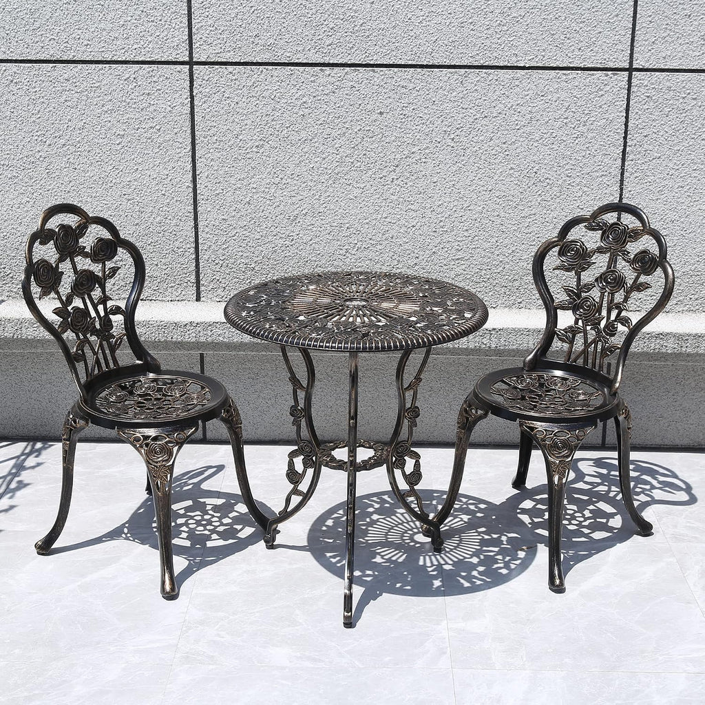 KAILI Outdoor Furniture Bistro Set with Rose Pattern 1 Table 2 Chairs for Garden Patio Porch (Rose-Bronzed)