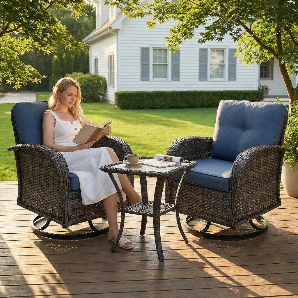SHGJ&SOFT 3 Piece Patio Furniture Set, 2 Outdoor Swivel Rocking Chairs with Side Table, Wicker Glider Chairs, All-Weather Rattan Bistro Set for Porch, Deck, Pool (Blue, Grey Full-Weave Rattan)