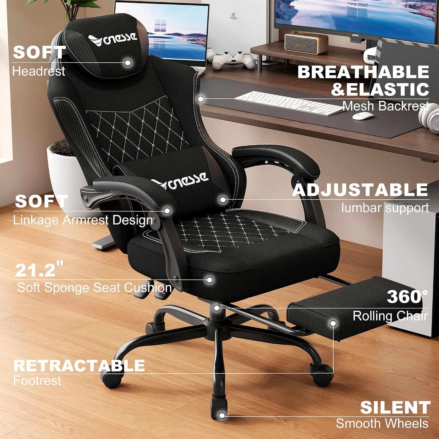 Vonesse Office Chair, Gaming Chair with Linen Breathable Mesh Fabric, Desk Chair with Adjustable Lumbar Support, Executive Computer Chairs with Footrest and Headrest (Black)