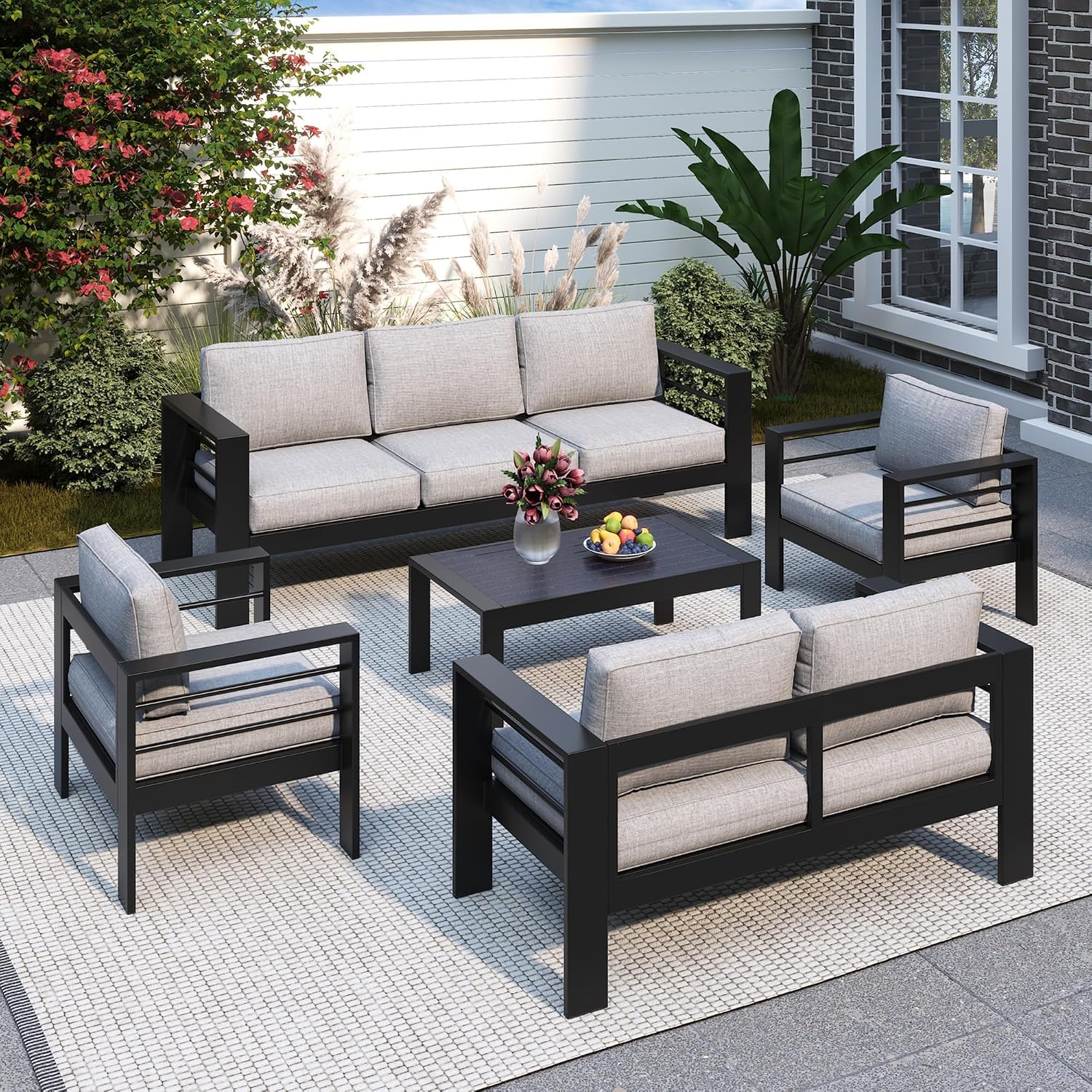 Solaste Aluminum Patio Furniture Set for All Weather, Oversized Metal Outdoor Furniture with 27.5' Deep Seating and 3.2' Wide Armrest, Patio Conversation Set with 10'' Back Cushion, Black and Grey