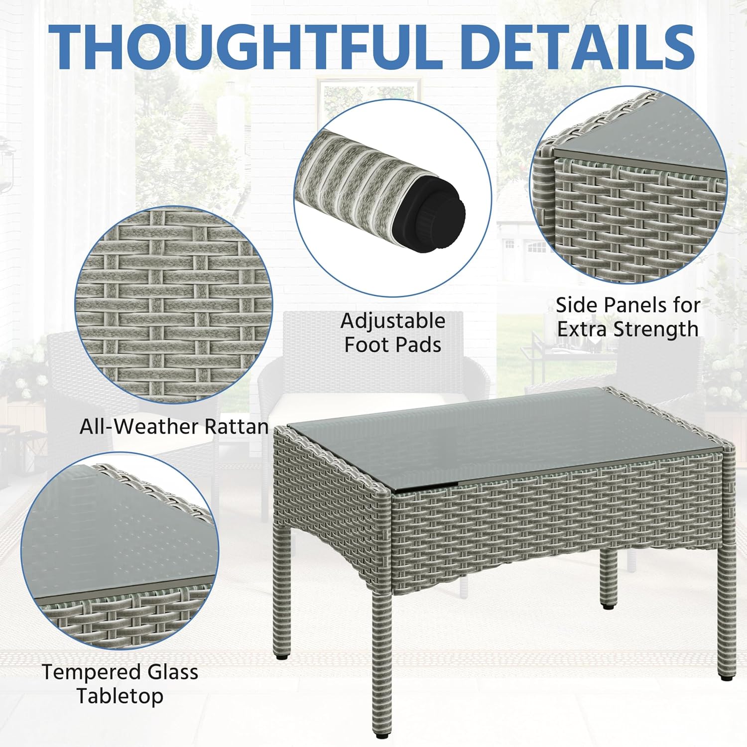Yaheetech Patio Furniture Set 4 Pieces Conversation Sets, Rattan Chair Wicker Set Loveseat with Soft Cushion and Glass Table for Backyard Porch Garden Poolside Balcony, Gray and Dark Blue