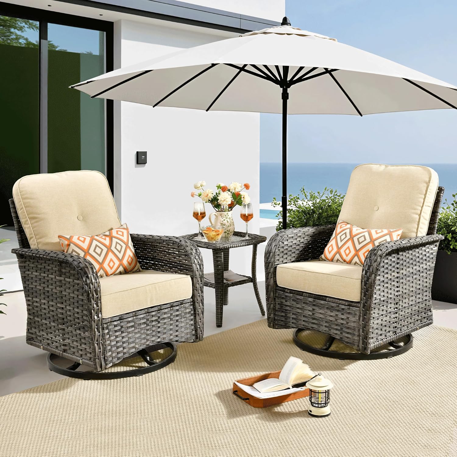 ovios 3-Piece Patio Furniture Set, Outdoor Wicker Sofa with Swivel Chairs, High Back Rattan Gliders Rocker with Comfy Cushions for Porch Yard Deck, Beige