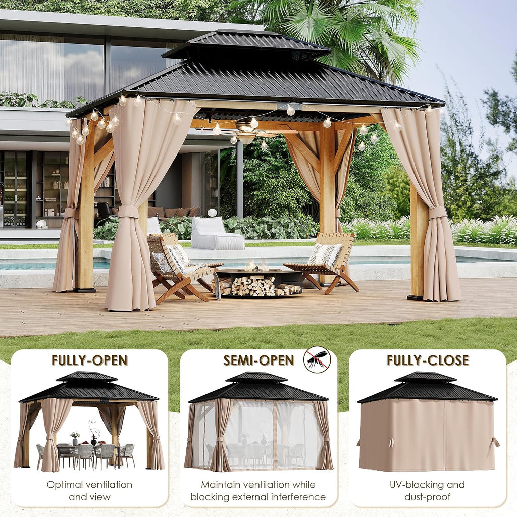 10'x12' Outdoor Wood Gazebo, Wooden Pavilion with Double Galvanized Steel Roof, Hardtop Gazebo with Natural Wood Frame, Curtains & Netting for Patio, Garden, Lawn, Deck, Backyard