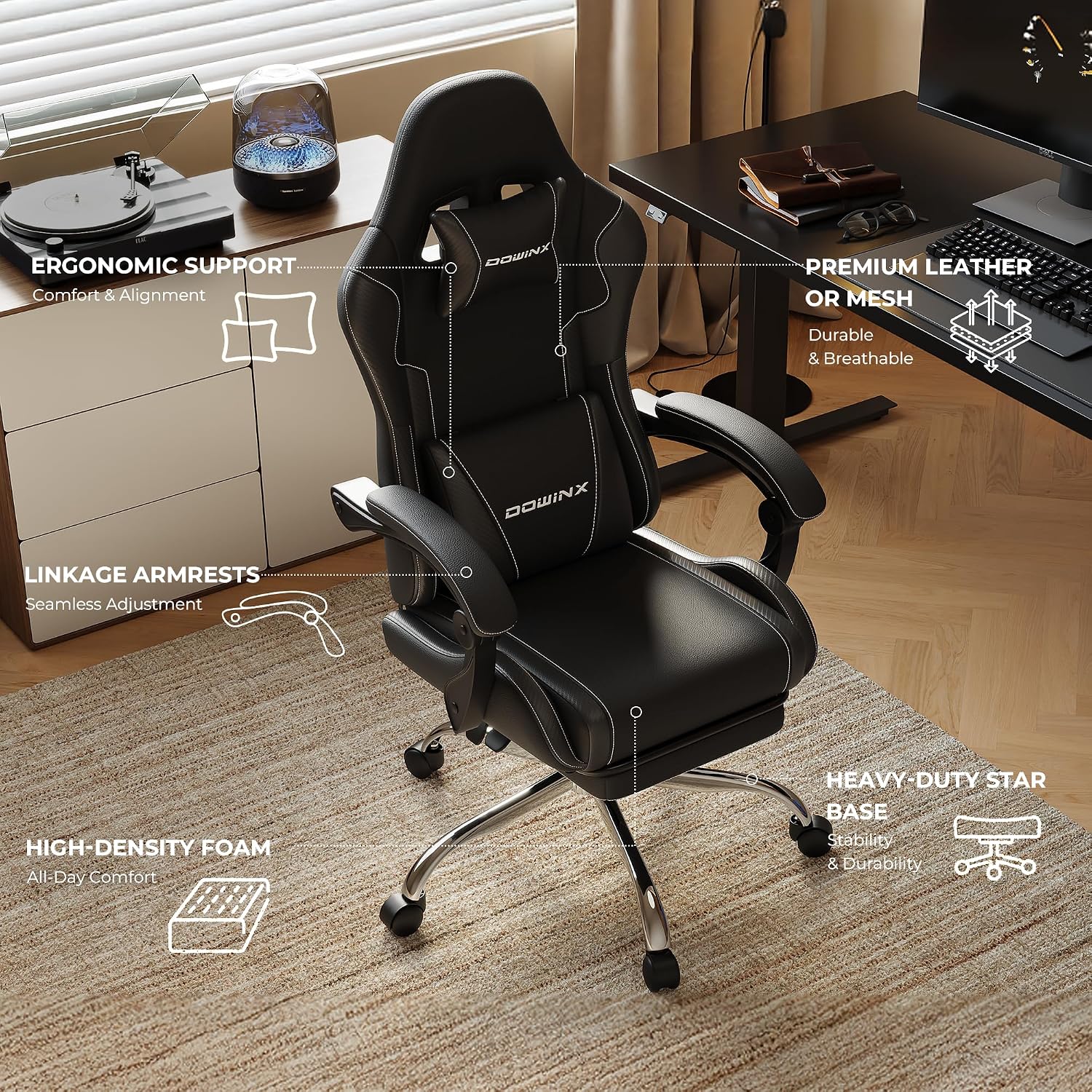 Ergonomic Gaming Chair with Footrest, Heavy Duty 330lbs Office Chair, Massage Lumbar Support, Adjustable Height & Headrest Pillow, Comfortable for Back Pain Relief, Streaming, Long Gaming, Black