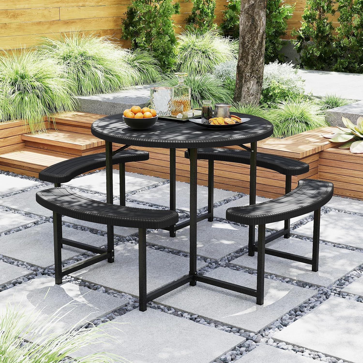 Giantex Picnic Table Bench Set for 4-8 Person, Round 37' Outdoor Dining Table w/Umbrella Hole, HDPE Tabletop, Metal Frame, Patio Furniture Set for Backyard Porch Lawn, 1400lb Capacity (Black,Round)