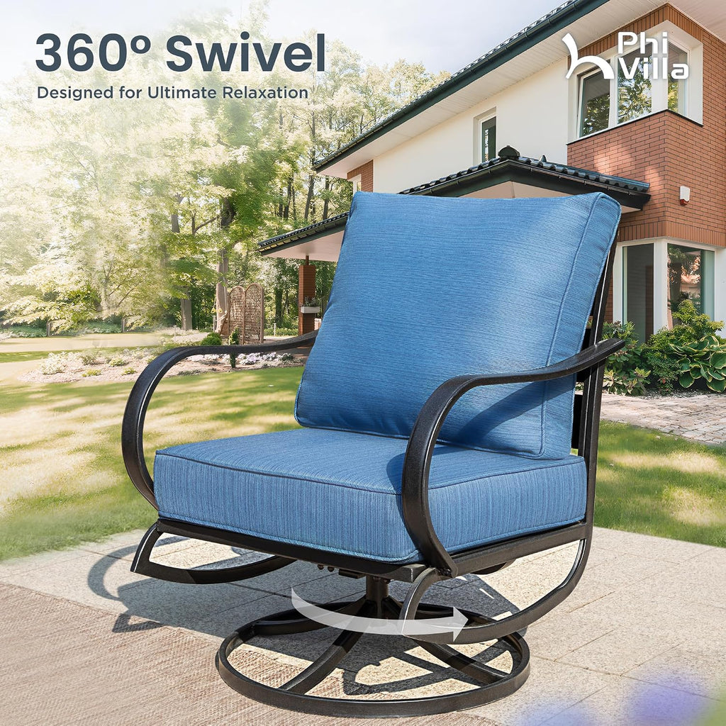 PHI VILLA 4 PCS Patio Furniture Sets for 5 Person with 1 x 3-Seat Deep Seating Bench, 2 x Cushioned Swivel Sofa Chairs & 1 x Coffee Table, Outdoor Metal Conversation Set for Lawn Garden, Peacock Blue