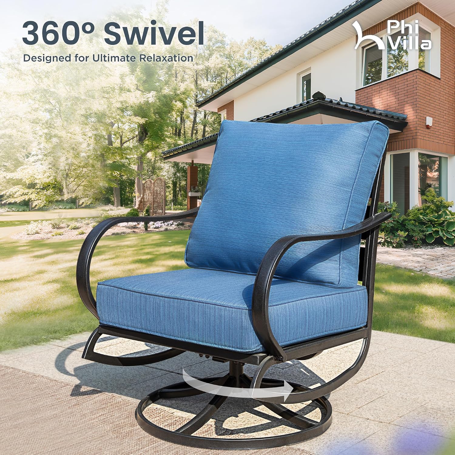 PHI VILLA 4 PCS Patio Furniture Sets for 5 Person with 1 x 3-Seat Deep Seating Bench, 2 x Cushioned Swivel Sofa Chairs & 1 x Coffee Table, Outdoor Metal Conversation Set for Lawn Garden, Peacock Blue