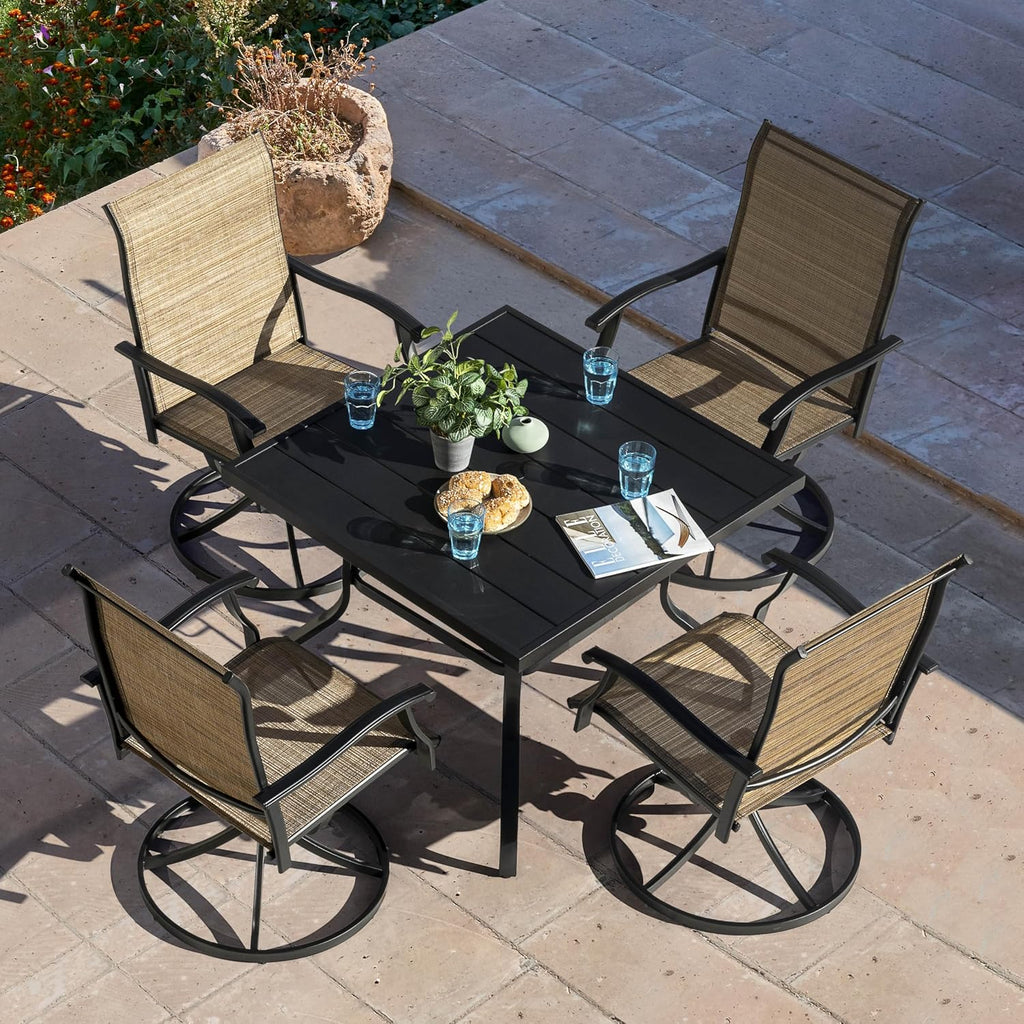 NUU GARDEN Outdoor Patio Dining Set, 4 Swivel Textilene Dining Chairs and 37' Square Dining Table with 1.57'' Umbrella Hole, Powder Coated Iron Frame, for Patio, Garden, Backyard, Black and Brown