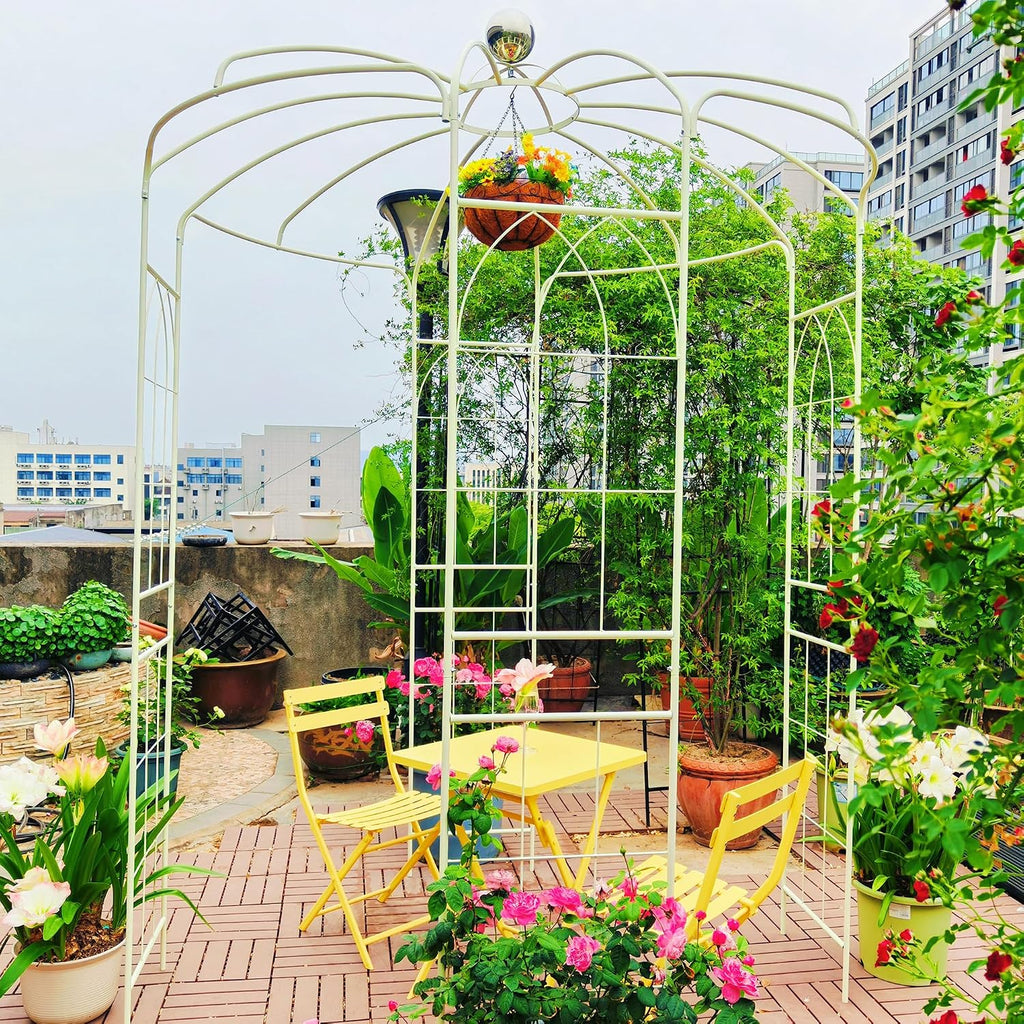 Metal Garden Trellis Arbor Arch Gazebo Birdcage Shape, Off White Pergola Pavilion fpr Climbing Plants Rack French Style Wedding Decoration Lawn