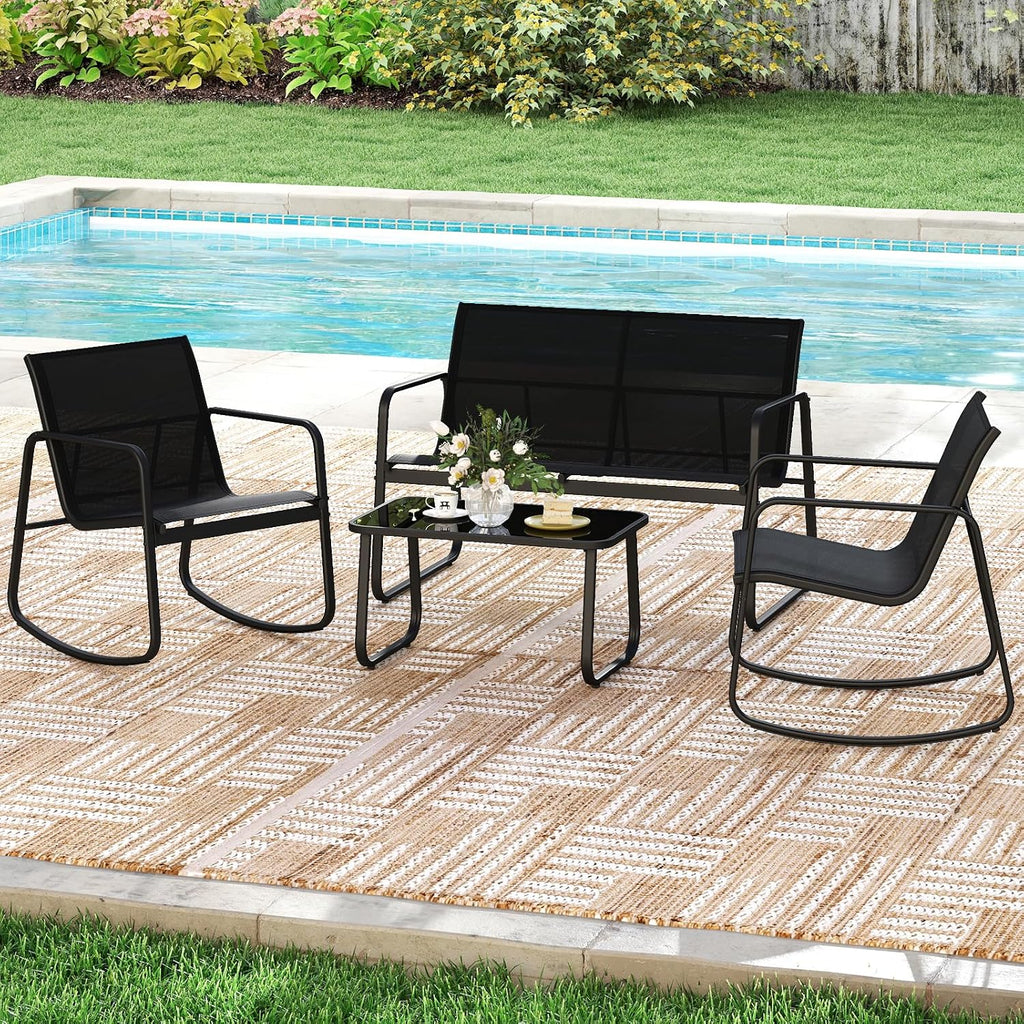 Tangkula 4 Piece Patio Furniture Set, Outdoor Rocking Bistro Set with 2 Rocking Chairs, Loveseat & Tempered Glass Coffee Table, Porch Rocker Chair Conversation Set for Balcony Poolside Garden