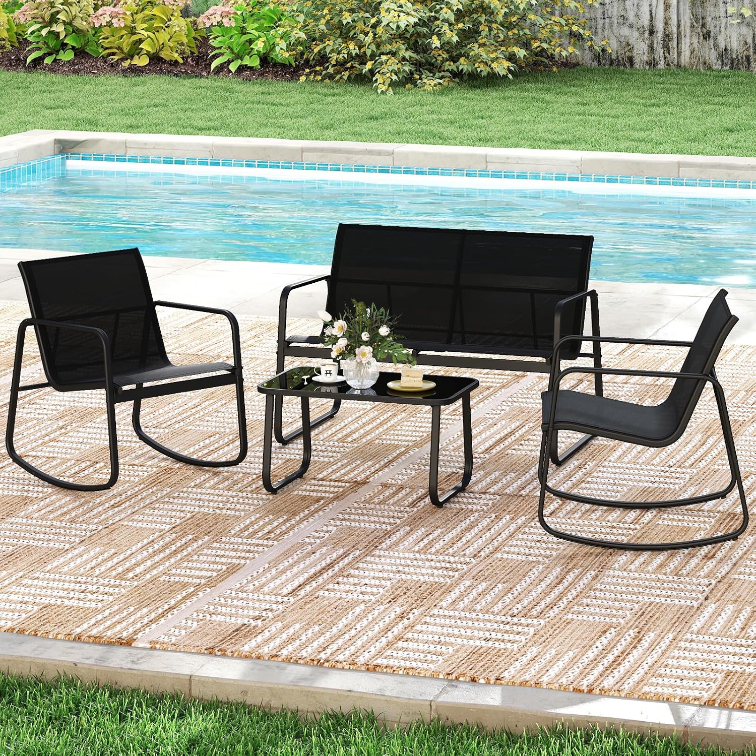 Tangkula 4 Piece Patio Furniture Set, Outdoor Rocking Bistro Set with 2 Rocking Chairs, Loveseat & Tempered Glass Coffee Table, Porch Rocker Chair Conversation Set for Balcony Poolside Garden