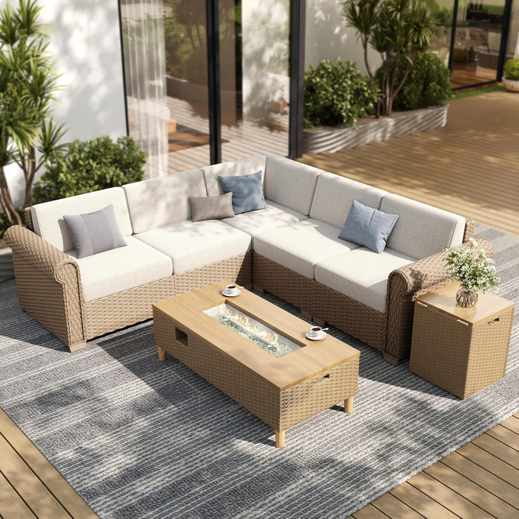 SUNSHINE VALLEY Patio Furniture Set, Wicker Outdoor Furniture Sectional Sofa with Fire Pit Table, 5 Seats Modular Conversation Set with 5.5' Thick Waterproof Cushion for Garden Deck Backyard, Beige