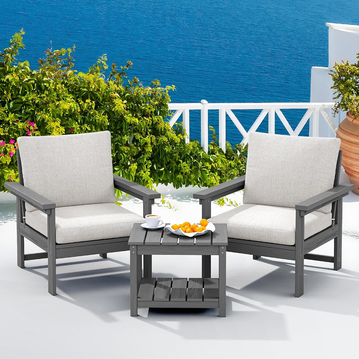 SERWALL HDPE Patio Sofa Set, 3-piece Sectional Outdoor Furniture Set, All Weather Outdoor Couch Set Patio Furniture Set for Deck, Lawn, Grey Frame with Khaki Cushion