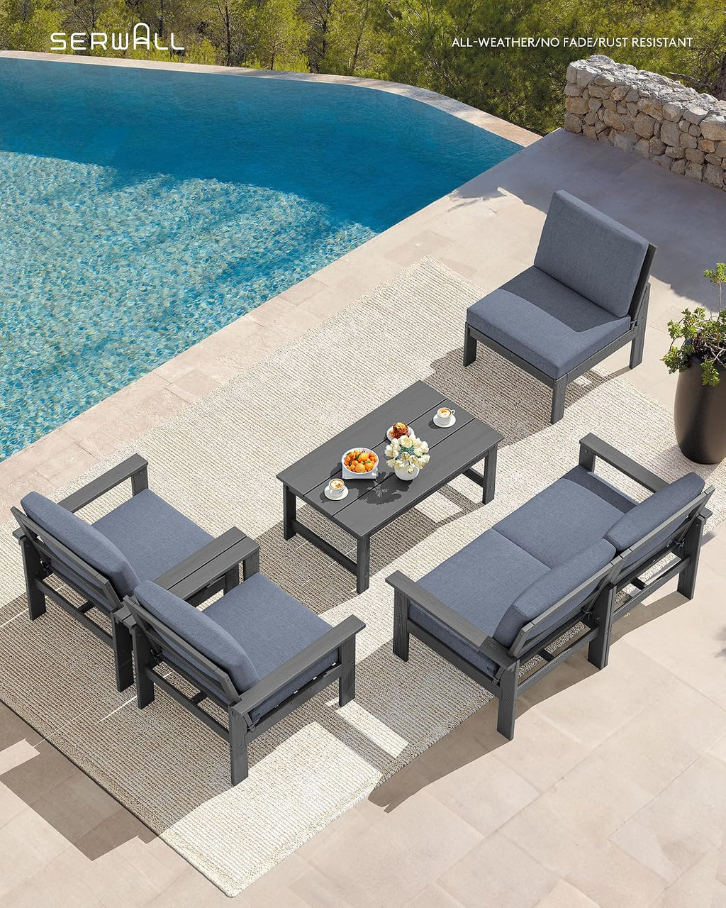 SERWALL HDPE Patio Conversation Set, 6-piece Sectional Outdoor Furniture Set, All Weather Outdoor Couch Set Patio Furniture Set for Deck, Lawn, Grey Frame with Grey Cushion