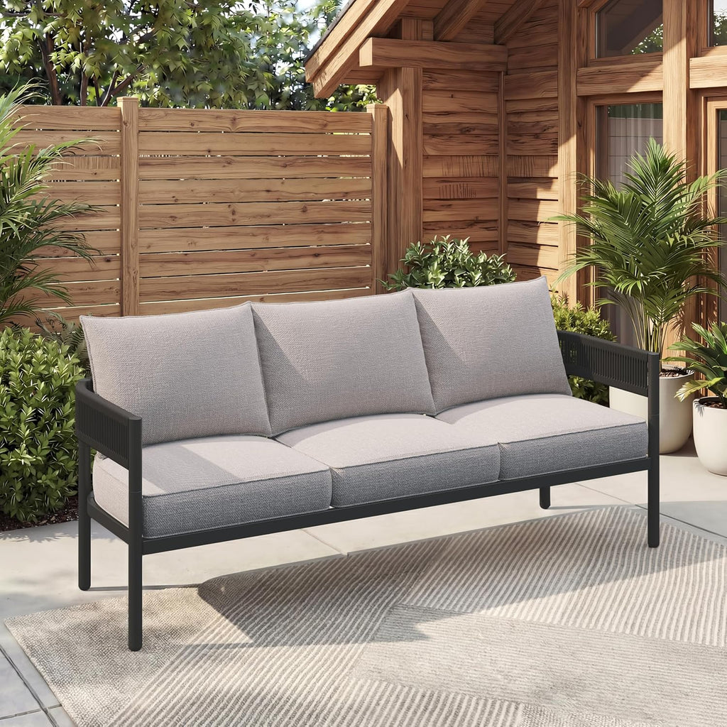 Gand Patio Outdoor 3-Seat Couch Sofa, Wicker Conversation Set with Thick Cushion for Porch, Garden, Yard, Beige
