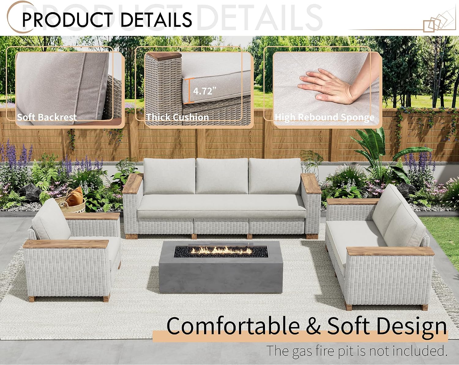 PaPaJet 4-Piece Wicker Patio Furniture Set with Solid Wood Armrest, Outdoor Patio Set with Thick Legs, UV-Resistant Modular Outdoor Sectional Sofa for Backyard, Porch, Garden