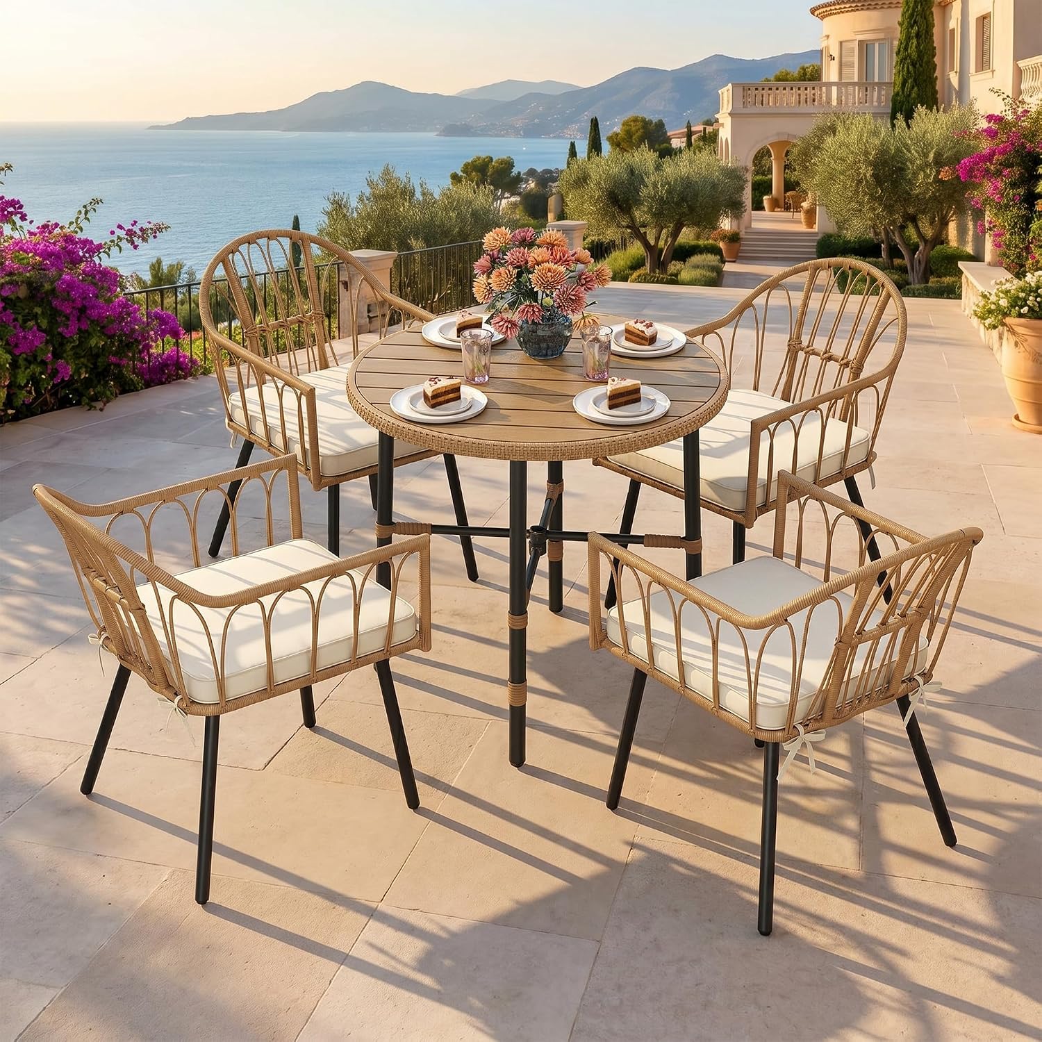 DWVO 5 Piece Patio Dining Sets, Outdoor Dining Furniture Set with 2' Umbrella Hole, Wicker Rattan Round Table and Chairs Set with Comfortable Cushions for Patio, Balcony, Backyard, Beige