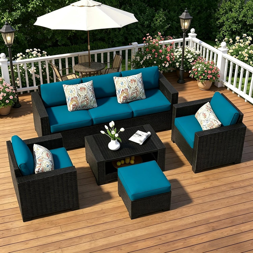 SHGJ&SOFT 7 Piece Patio Furniture Set, Wicker Outdoor Sectional Sofa with Washable Cushion Covers and Tempered Glass Table, Rattan Conversation Set for Poolside