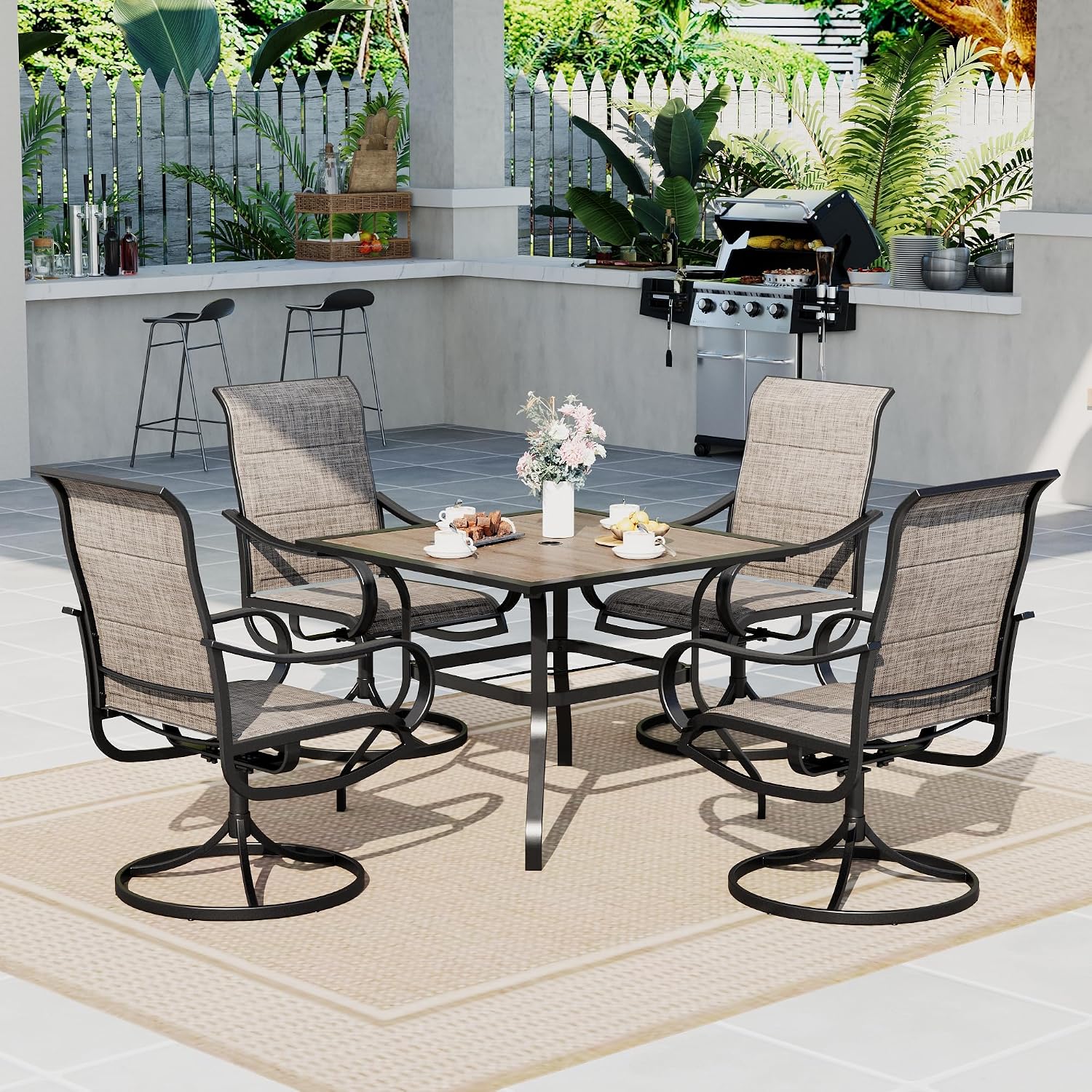 Sophia & William Patio Dining Set, 1 Square Wood Like Umbrella Table 37', 4 Swivel Chairs Furniture Set for Outdoor Garden Lawn Pool Easy to Care Weather Resistant