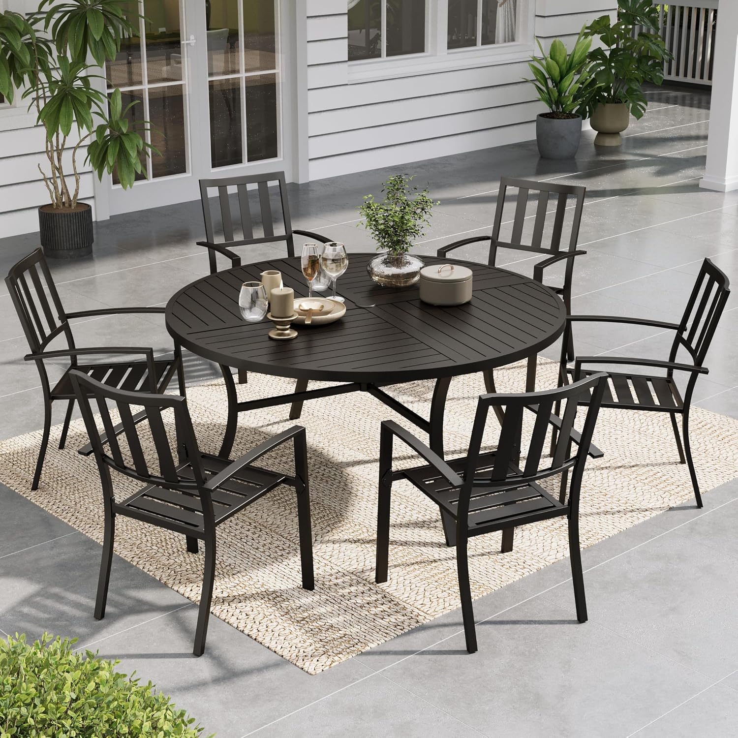 Sophia & William Round Patio Table and Chairs Set, Outdoor Dining Set for 6, 7 Piece Metal Patio Furniture, 54' Black Table(Stripe)