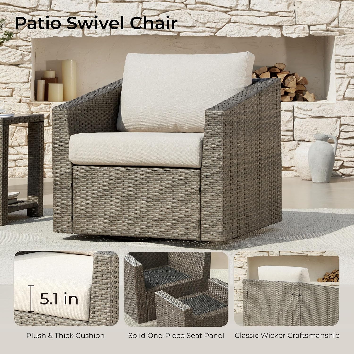 CHITA Patio Wicker Chair, 360° Swivel Outdoor Rattan Chair with Thickened Cushions for Backyard, Poolside, Garden or Porch, Beige Cushions with Grey Wicker