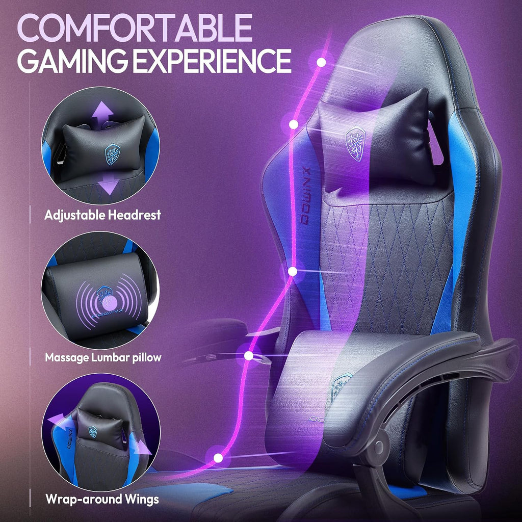 Dowinx Gaming Chair with Massage Lumbar Support and Footrest, Gaming Chairs for Adults, Ergonomic Computer Chair High Back with Pocket Spring Cushion, Swivel Recliner with Headrest, Blue