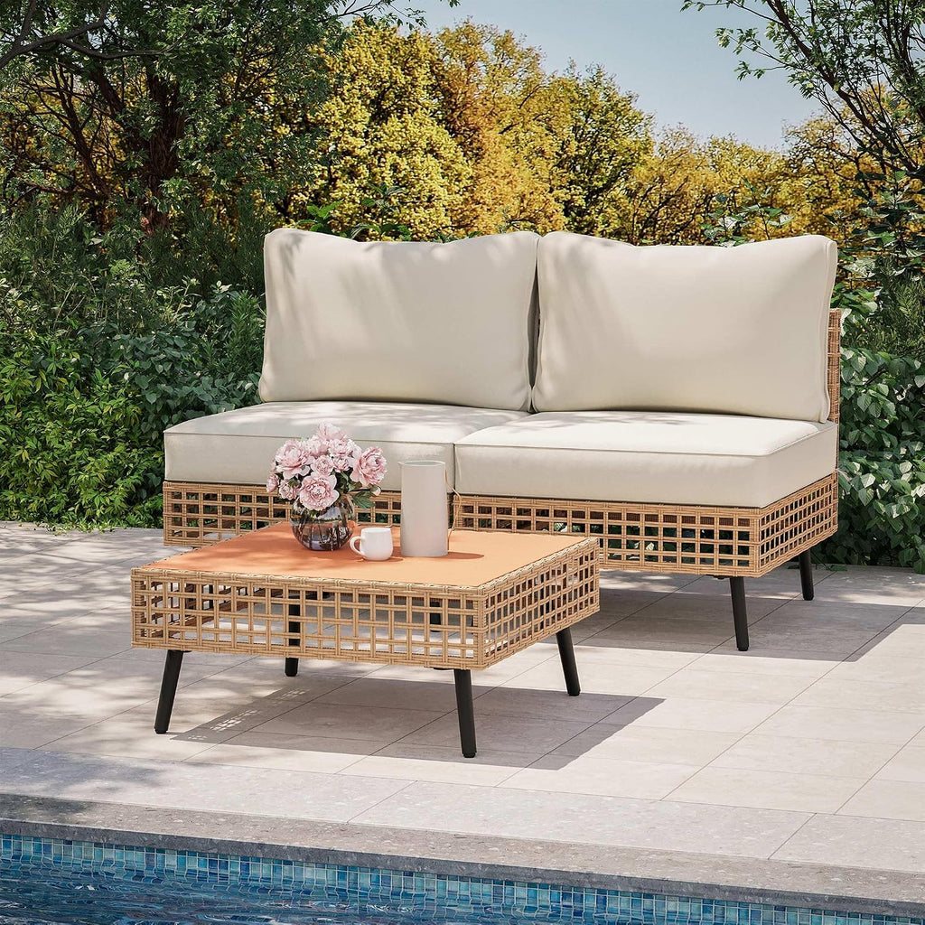 LAUSAINT HOME 3 Pieces Outdoor Sectional Sofa Set, All-Weather PE Wicker Rattan Patio Conversation Set with Thick Cushions & Coffee Table, Patio Furniture Set for Garden, Backyard, Porch (Beige)