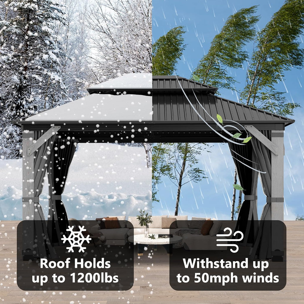 12x16FT Hardtop Wood Gazebo, Outdoor Gazebo with Cedar Wooden Pillar & Double Metal Roof - Weather-Resistant Gazebos Pavilion for Patio, Garden, Backyard (w/Netting & Gray Curtains)