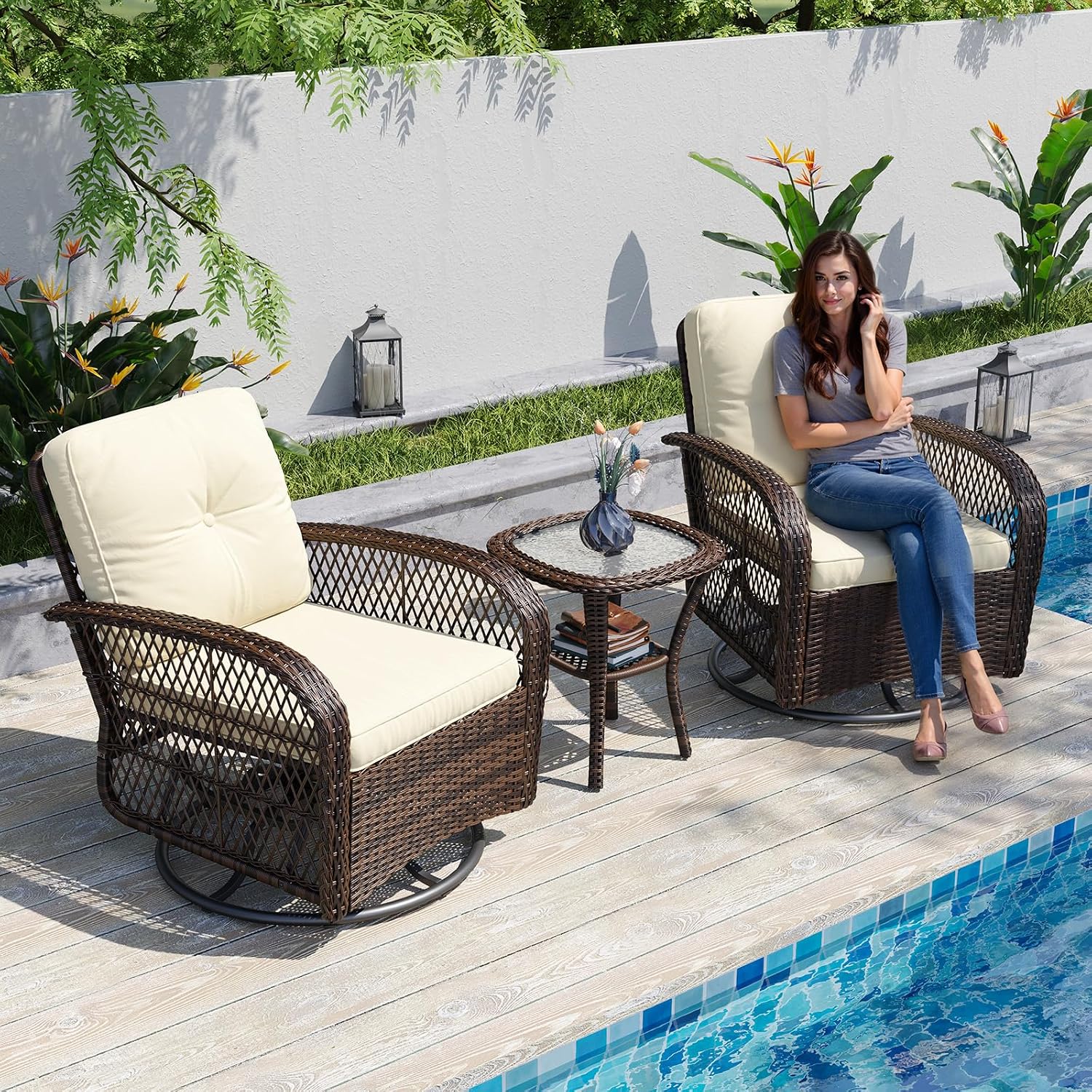 Aoxun 3 Pieces Patio Furniture Set, Patio Swivel Rocker Chairs Set of 2, Wicker Outdoor Bistro Set with Rocking Chair, Thickened Cushions and Table for Porch (Beige)