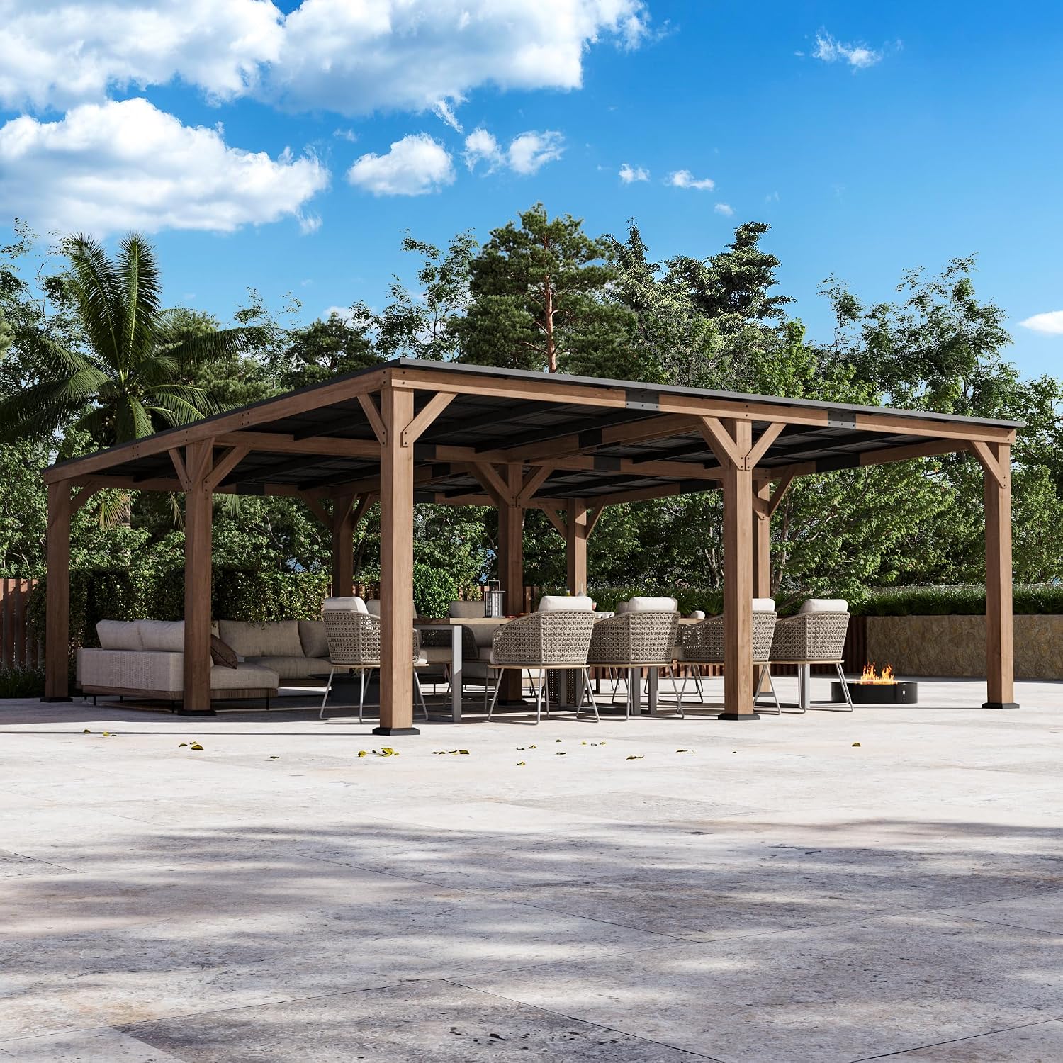 Modern Shade Supreme Cedar Wood Gazebo 20' x 20' with Hardtop Slope Roof, Wood Outdoor Carport Garage with Durable and Rot-Resistant, Supports Snow Loads and High Wind Speeds, Ideal for Backyard