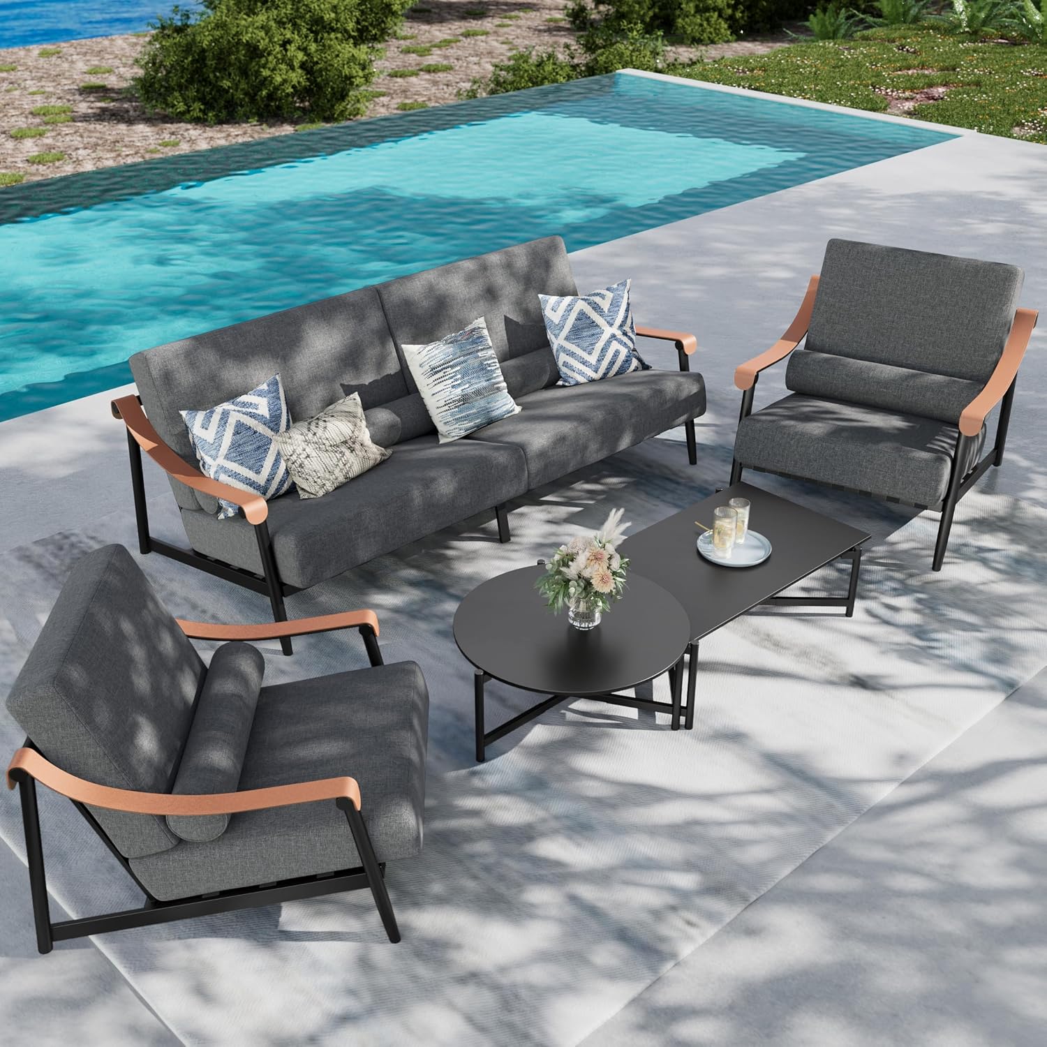 PHI VILLA Modern Outdoor Patio Furniture Set,Deep&Wide Seat with Extra Thick 6.3' Cushions Metal Outdoor Conversation Set(Backyard ICON Collection)