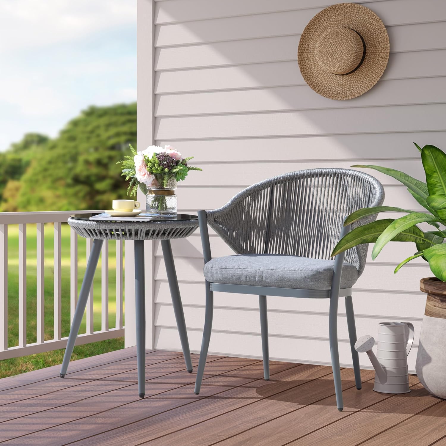 NUU GARDEN 3 Piece Outdoor Bistro Set, Woven Rope Conversation Patio Set, All Weather Aluminum Patio Furniture Chairs and Table with Cushions for Garden, Deck, Backyard, Gray