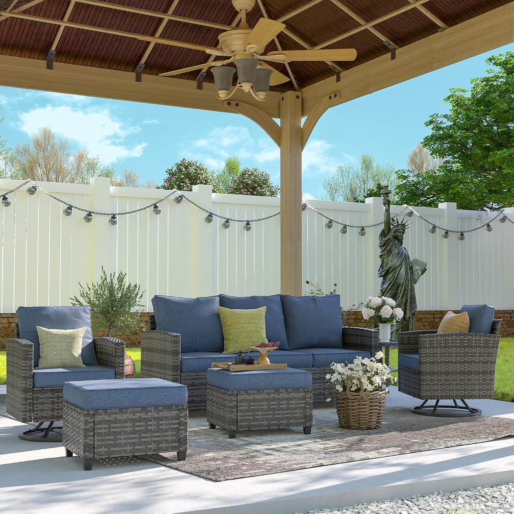 UDPATIO Patio Furniture Set, 6 Pieces Outdoor Sectional Couch with Swivel Rocking Chair, Gray Wicker Rattan Sofa with Side Table, 4' Thick Cushion for Garden Backyard Deck,Blue