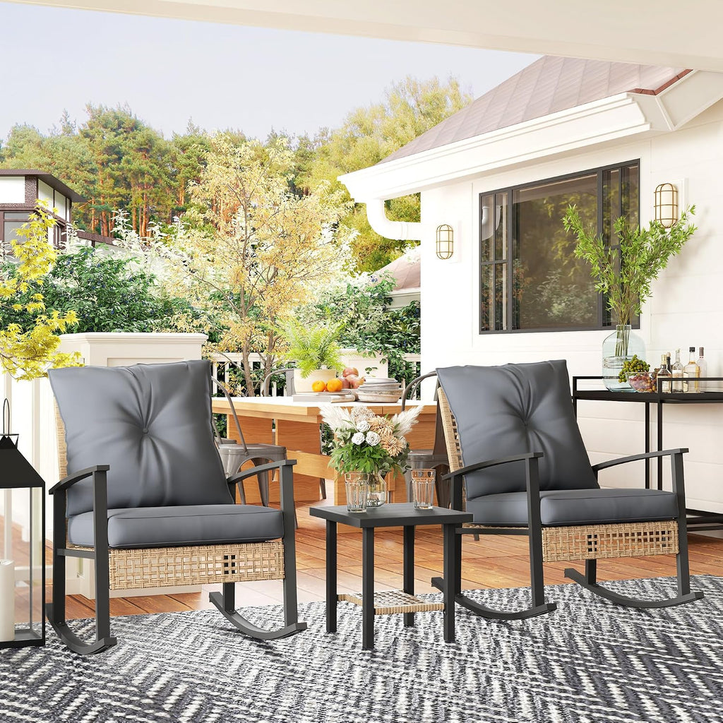 Outsunny 3 Pieces Rocking Wicker Outdoor Bistro Set, Rattan Patio Furniture Set with Coffee Table and Porch Chairs, Button Tufted Cushions for Backyard, Balcony, Garden, Gray