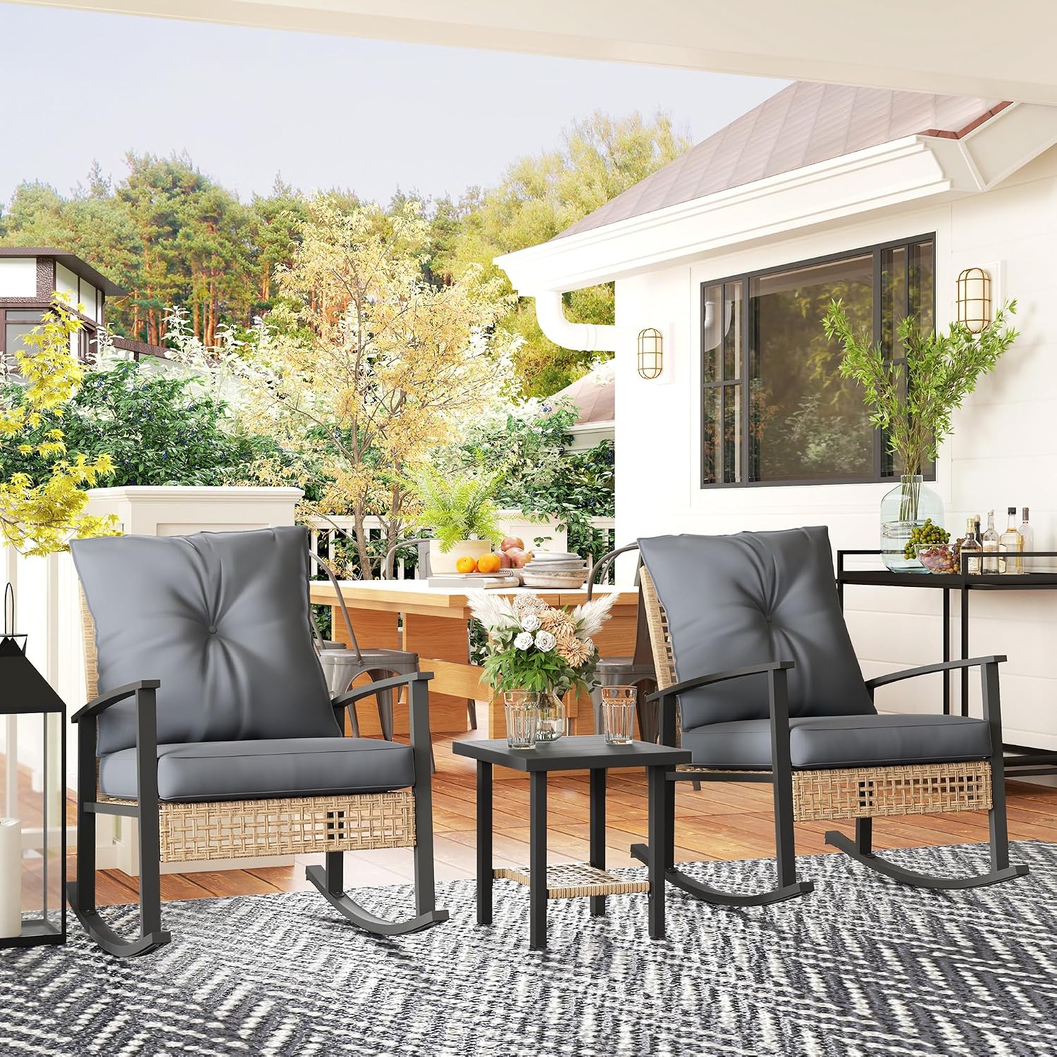 Outsunny 3 Pieces Rocking Wicker Outdoor Bistro Set, Rattan Patio Furniture Set with Coffee Table and Porch Chairs, Button Tufted Cushions for Backyard, Balcony, Garden, Gray